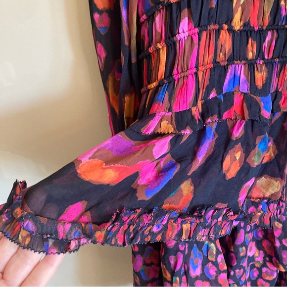 NEW FARM Rio Farm Iridescent Leopards Ruffled Mini Dress Chiffon Black Size L - Picture 11 of 16